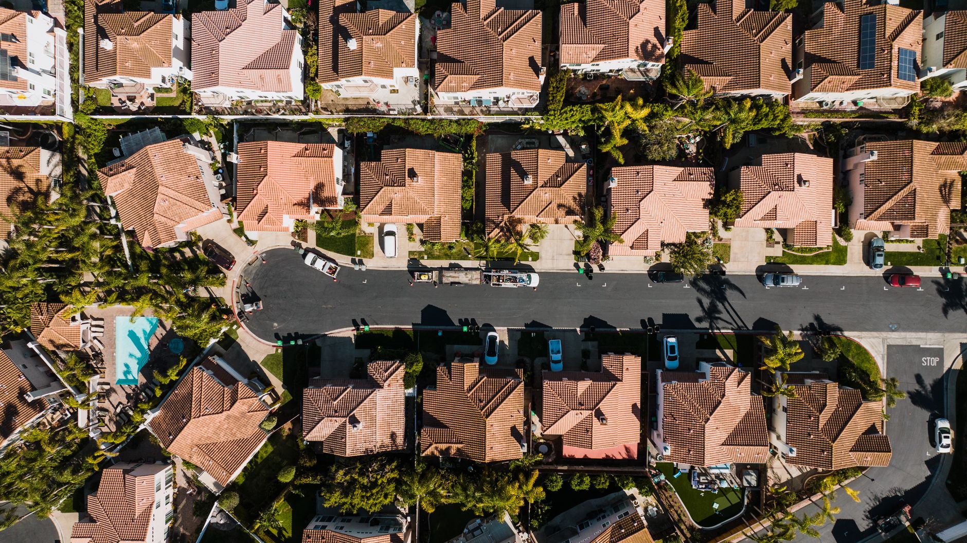 Local SEO in Costa Mesa, CA near The Camp Costa Mesa | OCWebPros. Aerial photograph showcasing a suburban neighborhood in Cos