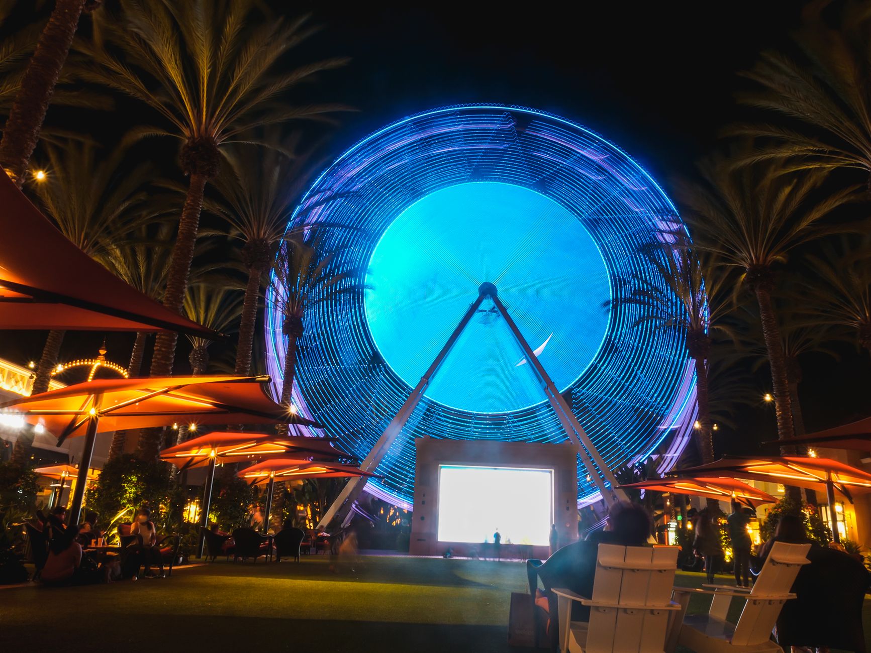 Local SEO in Irvine, CA near Irvine Spectrum | OCWebPros. Night view of a brightly lit Ferris wheel surrounded by tropical tr